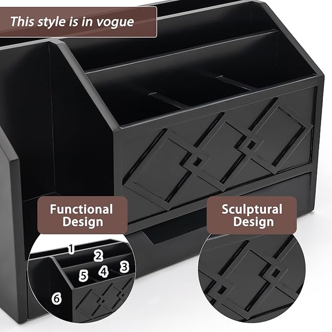 Black Wooden Mail Organizer with Drawer, Three Tiered Desk Accessories for Office Organization and Storage, Stylish Countertop Document Storage, Home/Office/Classroom Supplies (Black01)
