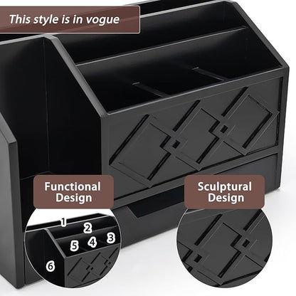 Black Wooden Mail Organizer with Drawer, Three Tiered Desk Accessories for Office Organization and Storage, Stylish Countertop Document Storage, Home/Office/Classroom Supplies (Black01)