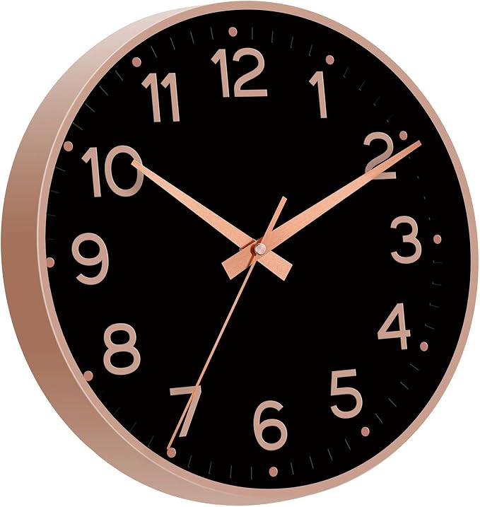 Roymnie Wall Clock 12 Inch Silent Wall Clocks Battery Operated-Modern Non Ticking Analog Clock Decorative for Kitchen Bedroom Office (Black Rose Gold)