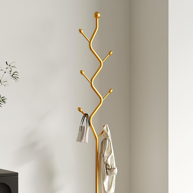 Creative Tree Branch-Look Gold Coat Rack Freestanding with 6 Hooks & Sturdy Marble base Metal Clothes Hanger Stand for Entryway/Mudroom/Bedroom/Hallway/Home Office (gold)