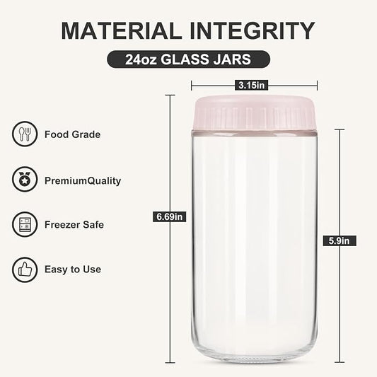 SHOWIN Overnight Oats Containers with Lids, 24oz Glass Jars with Lids 2 pcs, Pink, Wide Mouth Mason jars for Salad, Yogurt, Snacks, Meal Prep