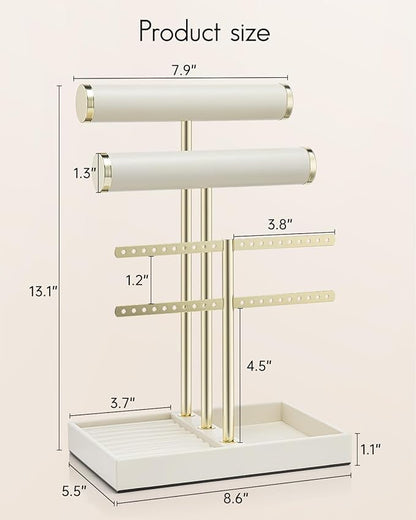 Vlando 3 Tier Necklace Holder Organizer with Tray, Leather Bracelet Holder Display for Women, Gold Jewelry Stand for Bracelet, Necklace, Earrings, Rings - Cloud White