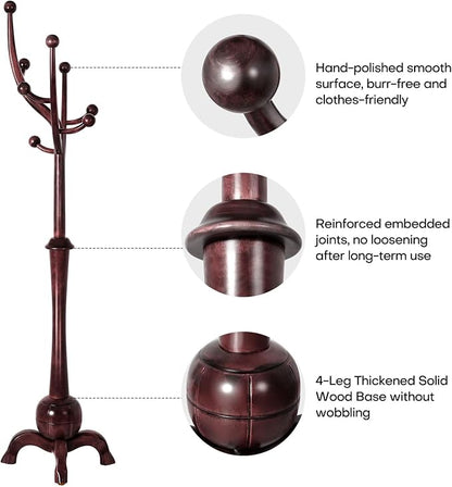 Bekrvio Freestanding Wood Coat Rack with Stable Sphere Base, Wine Red | 8 Hooks Tree Branch Design, Heavy Duty Standing Coat Hanger for Entryway, Hallway, Bedroom, Foyer; Hangs Coats, Hats, Bags