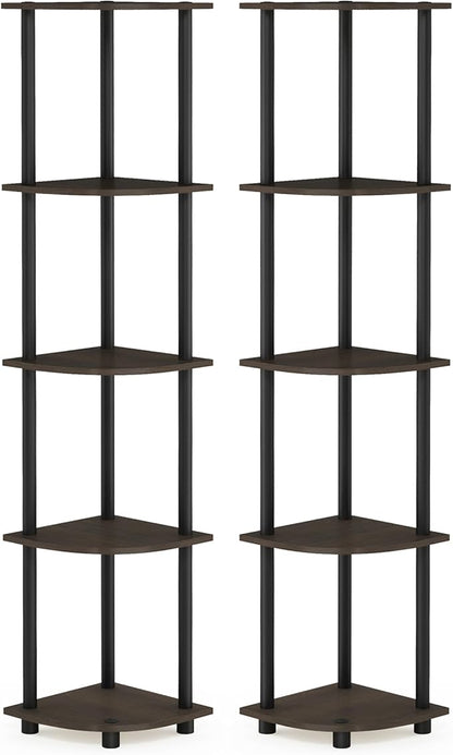 Furinno TURN-N-TUBE Corner Shelf Set of 2, 5-Tier Corner Bookshelf, Open Storage Shelves, for Organization and Storage, Living Room, Home Office, Garage, Dark Brown Grain