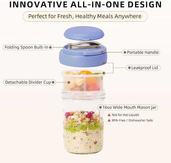 UWILLION Overnight Oats Containers with Handles, 16 oz Glass Mason Jars with Lids, Folding Spoons & Topping Compartments, Yogurt Parfait Cups for Meal Prep, Chia Pudding, Breakfast to Go, 2 Pack