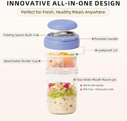 UWILLION Overnight Oats Containers with Handles, 16 oz Glass Mason Jars with Lids, Folding Spoons & Topping Compartments, Yogurt Parfait Cups for Meal Prep, Chia Pudding, Breakfast to Go, 2 Pack