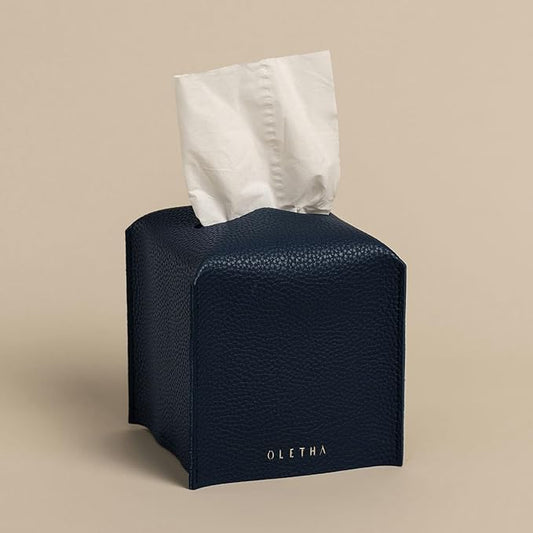 OLETHA Square Tissue Box Cover - Aesthetic Desk Decor for Room, Home & Office - Tissues Cube Boxes Holder - Navy Blue