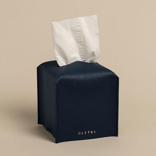 OLETHA Square Tissue Box Cover - Aesthetic Desk Decor for Room, Home & Office - Tissues Cube Boxes Holder - Navy Blue, Set of 2