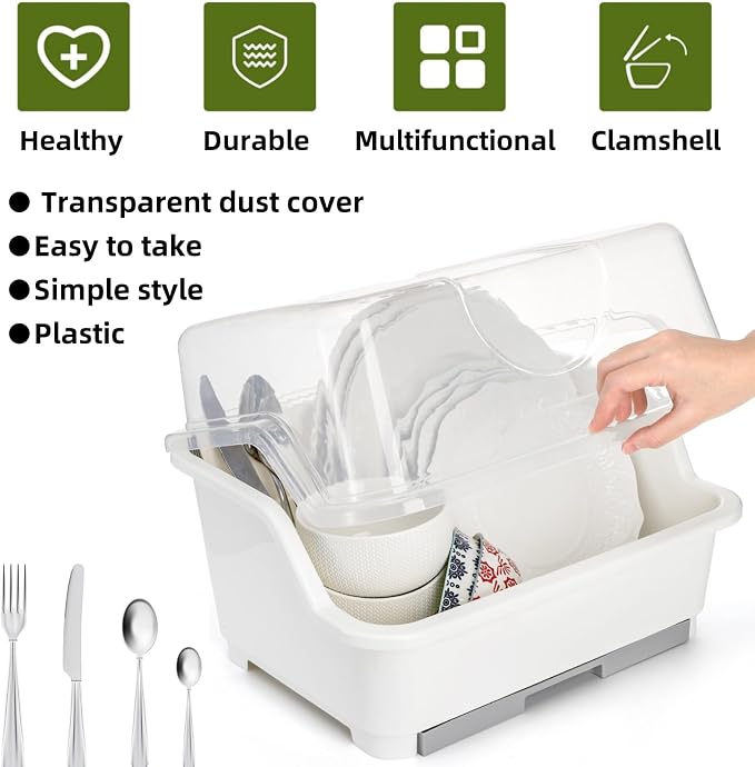 Dish Drying Rack, Plastic Plate Cup Dryer Holder with Lid Removable Drainboard, Cutlery Utensil Dish Nursing Bottle Organizer for Tableware, Kitchen Cabinet