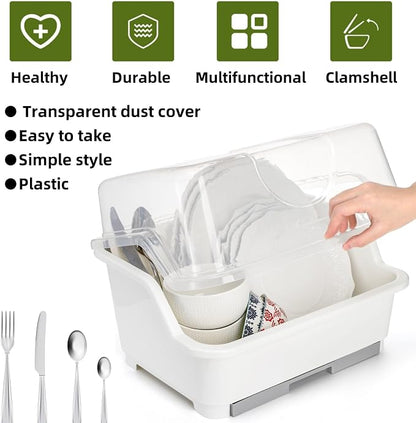 Dish Drying Rack, Plastic Plate Cup Dryer Holder with Lid Removable Drainboard, Cutlery Utensil Dish Nursing Bottle Organizer for Tableware, Kitchen Cabinet