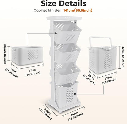 BAOKALER 4-Tier Laundry Hamper Sorter, Vertical Rolling Laundry Baskets with Wheels Removable, Stackable Laundry Cart Organizer and Storage for Small Space, Dorm, Closet, Bathroom