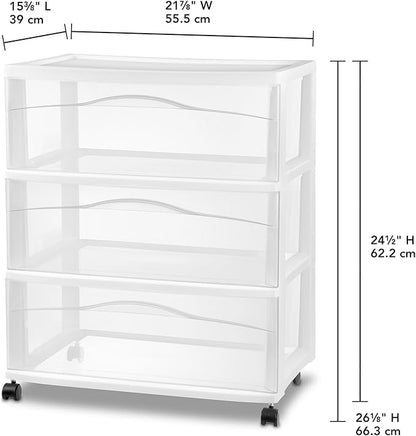 Sterilite 4 Pack Wide 3 Drawer Storage Cart, Plastic Organizer with Wheels, White - Multipurpose Bin for Clothes, Accessories, or Home Accessories