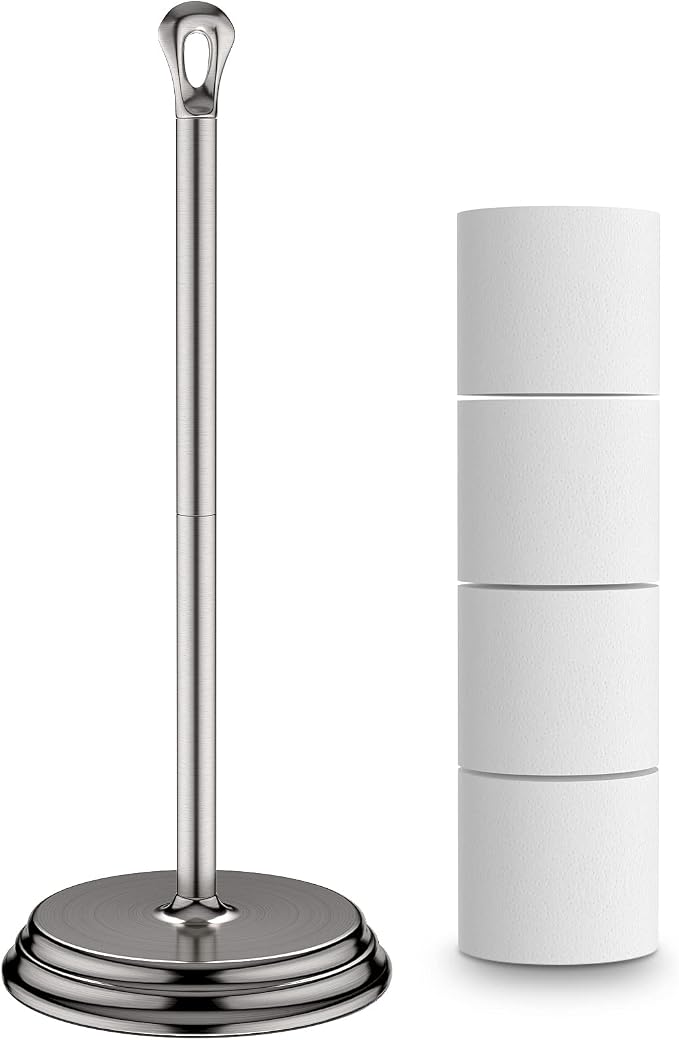 KASUNTO Toilet Paper Holder with Rustproof, Metal Free Standing Toilet Paper Stand Storage for Bathroom, Tissue Paper Roll Holder for Bathroom Accessories (Brushed Nickel)