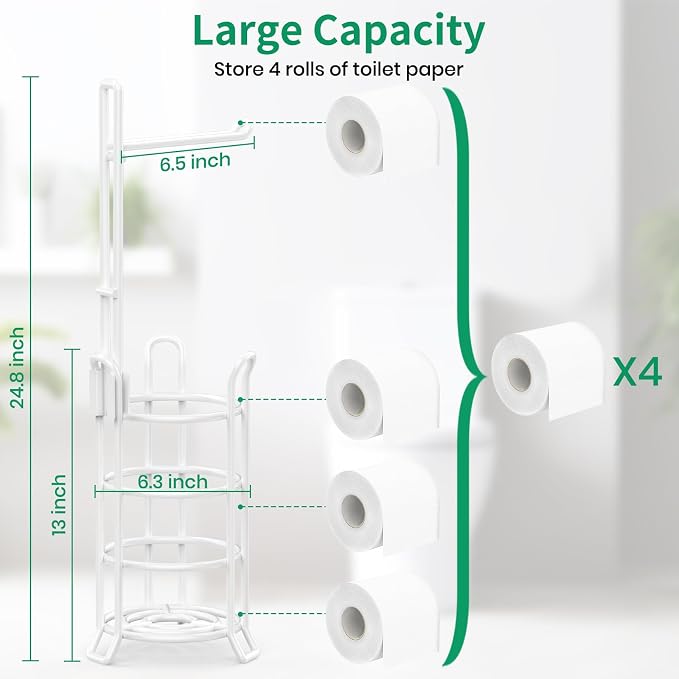TomCare Toilet Paper Holder Toilet Paper Stand and Dispenser for 4 Mega Rolls Metal Wire Free Standing Toilet Tissue Paper Roll Storage Shelf Bathroom Accessories Storage Organizer White