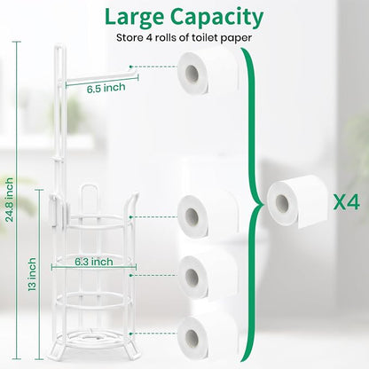 TomCare Toilet Paper Holder Toilet Paper Stand and Dispenser for 4 Mega Rolls Metal Wire Free Standing Toilet Tissue Paper Roll Storage Shelf Bathroom Accessories Storage Organizer White