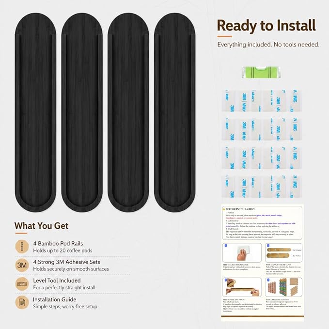 Bamboo Coffee Pod Holder, Adhesive Wall Mount (No Drilling) for Inside Cabinet Door, 20-Capsule Storage (Set of 4), Vertical & Horizontal, Compatible with Nespresso Vertuo Line-Black