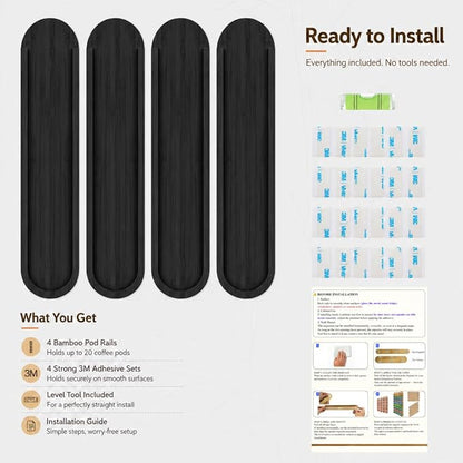 Bamboo Coffee Pod Holder, Adhesive Wall Mount (No Drilling) for Inside Cabinet Door, 20-Capsule Storage (Set of 4), Vertical & Horizontal, Compatible with Nespresso Vertuo Line-Black