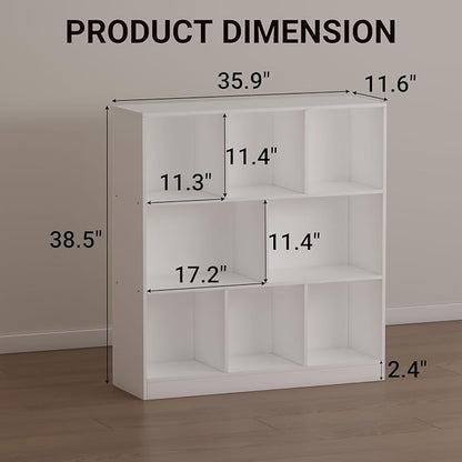 8-Cube Wooden Bookshelf with Base,3-Tier Freestanding Open Storage Organizer,Multi-Functional Bookcase for Living Room,Bedroom,Study and Office (White, 8-Cube)
