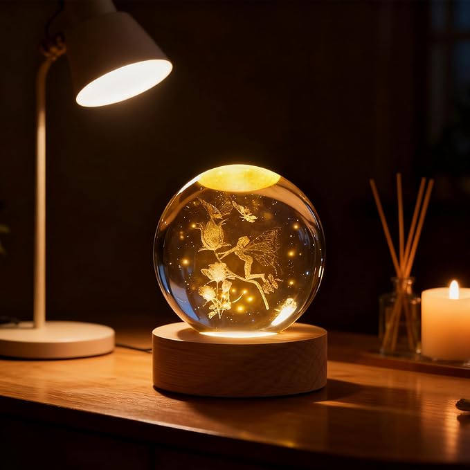 3D Fairy Flowers Crystal Ball, 3D Laser Engraved Rose Butterfly Night Light, Decorative Crystal Sphere, Decorative Light Ideas Gifts for Mom Wife Couple Girls Women Fairy Lovers Novelty Home Decor