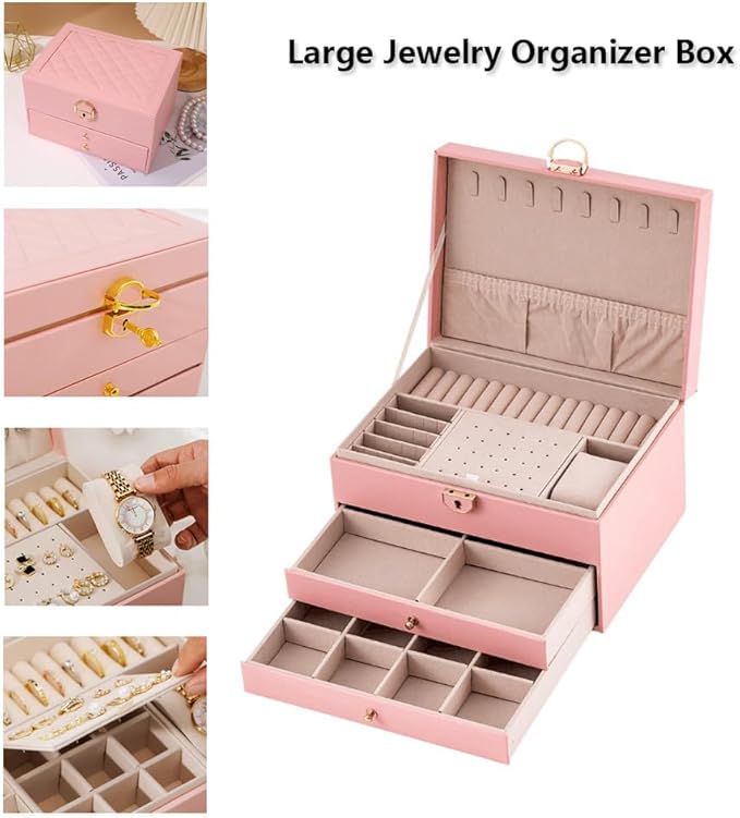 GUOER Jewelry Box for Women Girl Wife 3 Layers Large PU Leather Jewelry Organizer Storage Case with Two Layers Display for Earrings Bracelets Rings Watches PINK