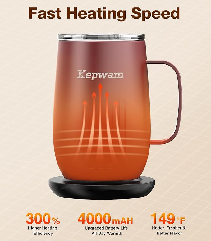 Kepwam Heated Coffee Mug T2-Plus, 20oz Leading Large Capacity Self Heating Mug, Up to 8 Hrs Battery & Hot Up to 149℉, Smart Coffee Mug for Women, Men