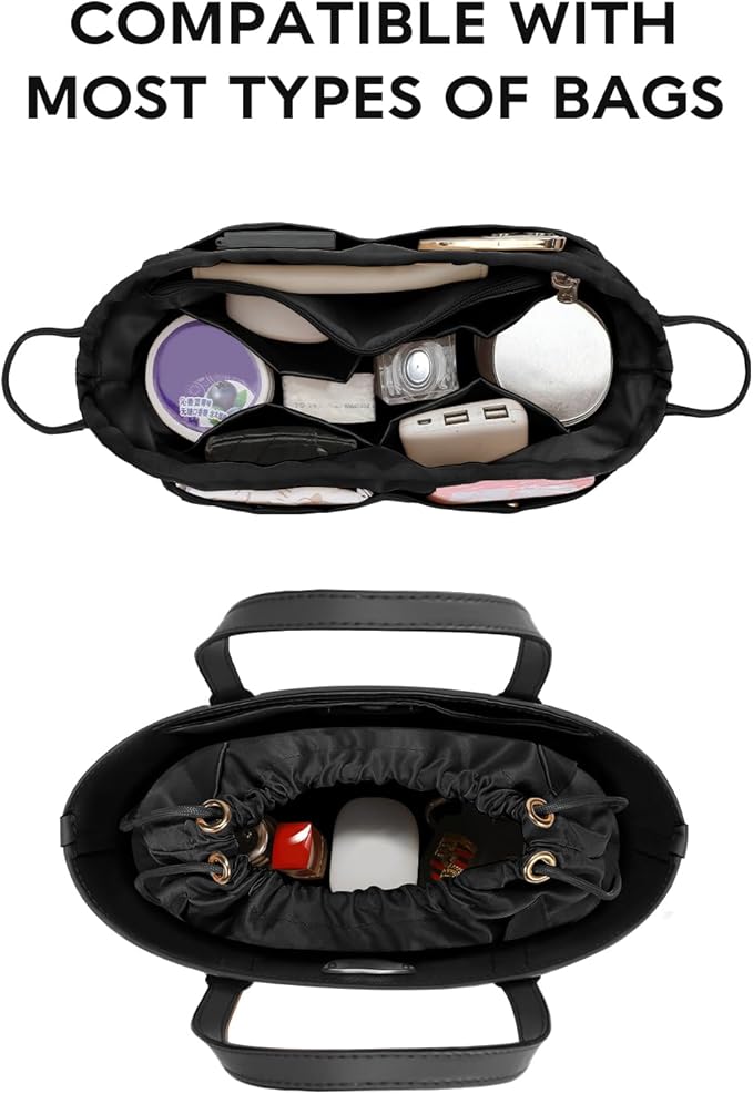GIVLEFLY Purse Organizer Insert with Multiple Pockets, Drawstring Satin Tote Bag Organizer, Light Weight Purse Liner with Zipper Pocket Fit for Longchamp Large,Neverful and More (Black,Extra Large)