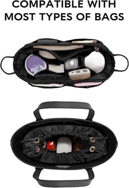 GIVLEFLY Purse Organizer Insert with Multiple Pockets, Drawstring Satin Tote Bag Organizer, Light Weight Purse Liner with Zipper Pocket Fit for Longchamp Large,Neverful and More (Black,Extra Large)