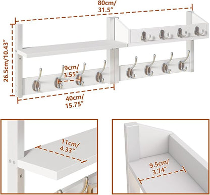 YMYNY 31.5" Coat Rack Wall Mount with Shelf, 4 in 1 Key and Coat Hanger with 12 Metal Hooks, Wall Shelf with Hooks & Mail Holder for Living Room, Bedroom, White, HWS007W-2