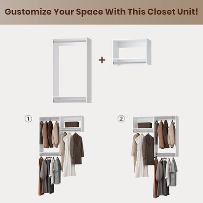 ROOMTEC Modular Closet System, 70" Wall-Mounted Closet Organizer with Hanging Rods, Wooden Tower for Walk-In Closets, Wardrobe Storage Kit, White