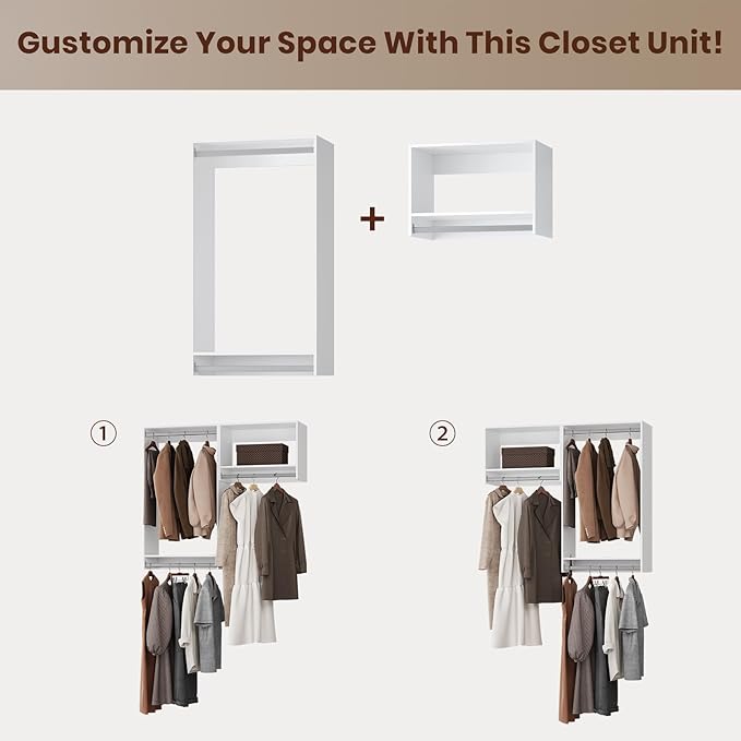 ROOMTEC Modular Closet System, 58" Wall-Mounted Closet Organizer with Hanging Rods, Wooden Tower for Walk-In Closets, Wardrobe Storage Kit, White
