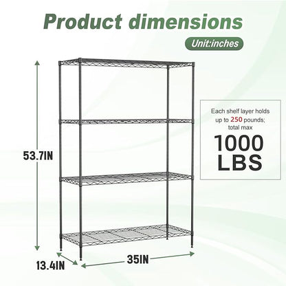 BestOffice 4-Tier Wire Shelving Unit, 1000 LBS Heavy Duty Metal Storage Shelves, Adjustable Wire Shelf for Garage, Kitchen, Pantry, Utility Shelving Rack with Leveling Feet, Black