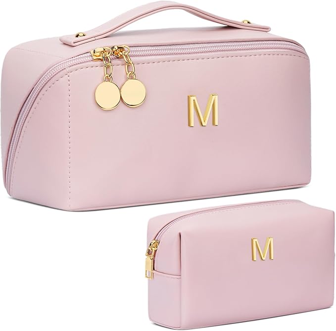 Valentine's Day Gifts for Women Teen Girl, Personalized Initial Makeup Organizer Bag Set, Open Flat Travel Cosmetic Bag With Clear Divider and Handle(Pink,M)