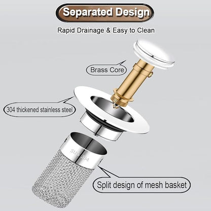 2Pack Bathroom Sink Drain Strainer, Pop Up Sink Drain Filter with Removable Stainless Steel Filter Basket Hair Catcher, for Us Bathroom Sink Stopper Replacement, Bathtubs, Showers & Floor Drains