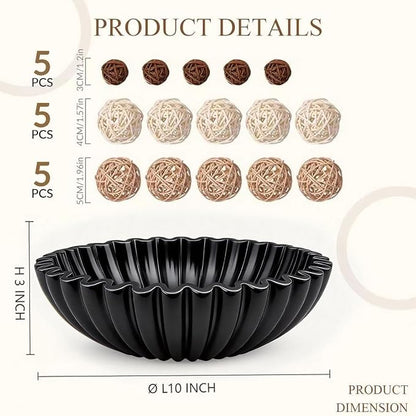 Large Modern Ruffle Bowls, Artificial Stone Decorative Catch All Bowl for Kitchen Counter and Entryway Table, Handcrafted Fruit Bowls and Key Bowl for Home Decor(Black)