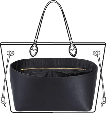 Purse Organizer Insert For Handbags, Silk Purse Organizer with Zipper, Silky Smooth, Bag Organizer For Speedy Neverfull Tote,onthego,Artsy, 6 Sizes(Slender Large, Silky Black)