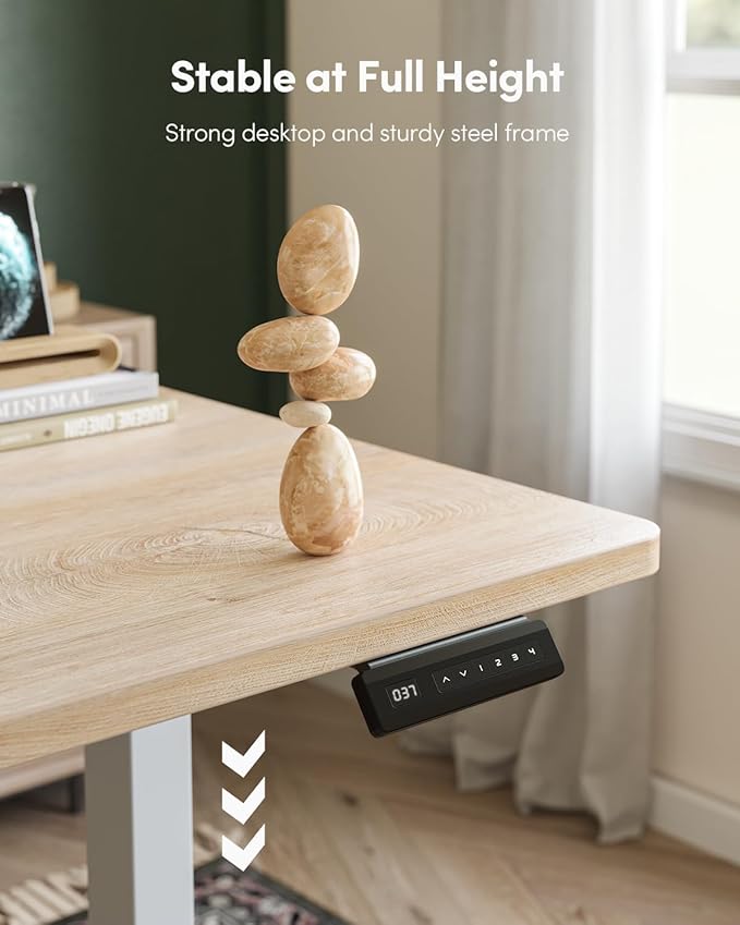 FEZIBO One-Piece Standing Desk Adjustable Height Stand up Home Office Desk, 32x20 Inch Electric Standing Computer Desk, with 4 Memory Presets, Headphone Hook, Maple