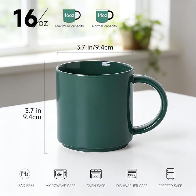 Coffee Mugs Set of 4, Stoneware Coffee Cups with Comfortable Handle, 16oz Ceramic Mugs for Kitchen & Office, Dishwasher & Microwave Safe - Green