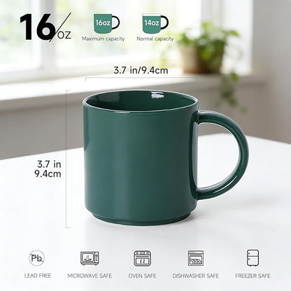 Coffee Mugs Set of 4, Stoneware Coffee Cups with Comfortable Handle, 16oz Ceramic Mugs for Kitchen & Office, Dishwasher & Microwave Safe - Green