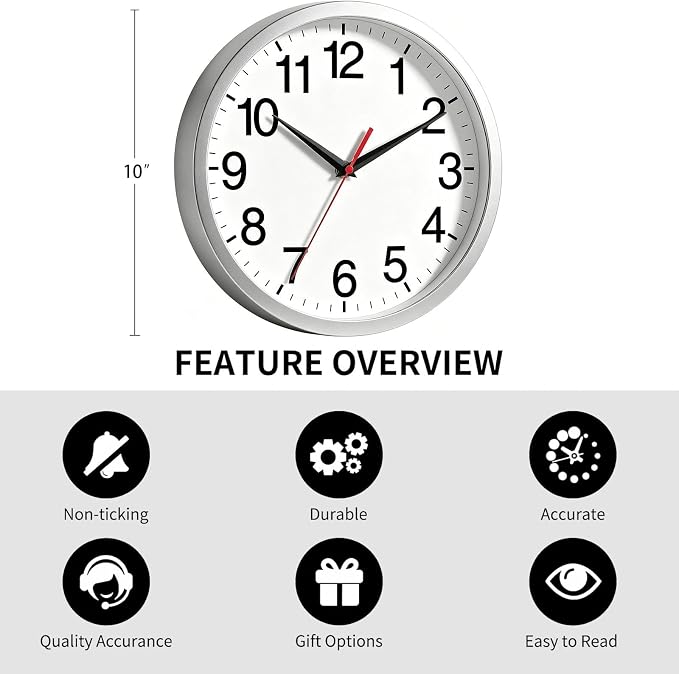 Rohioue Wall Clock Modern 10 Inch Battery Operated Silent Non Ticking Analog Clock Decorative for Bedroom Kitchen Bathroom Office Home Living Room (Silver)