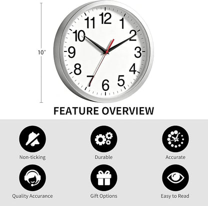 Rohioue Wall Clock Modern 10 Inch Battery Operated Silent Non Ticking Analog Clock Decorative for Bedroom Kitchen Bathroom Office Home Living Room (Silver)