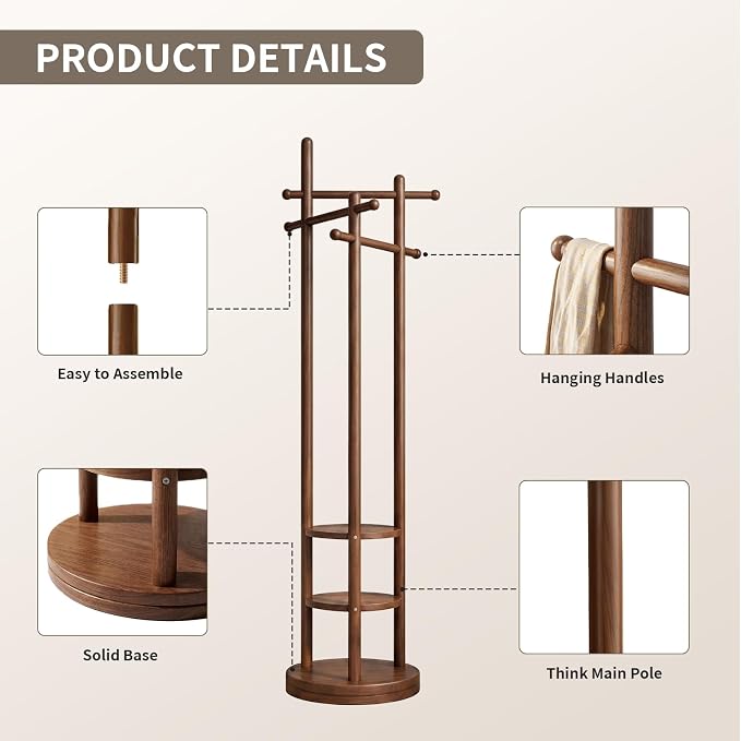 Coat Rack Freestanding, Solid Wood Coat Tree with 6 Hooks and 3 Storage Shelves for Bedroom, Entryway Living Room, Office, Corner Hanger Stand for Purse, Bag, Jacket, Hat