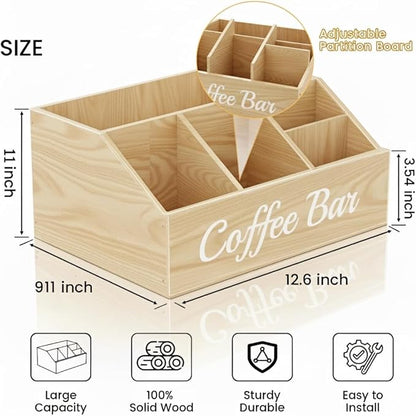 Coffee Station Organizer for Countertop – Wooden Coffee Bar Organizer with Adjustable Dividers,Holds K Cup Pod & syrup bottles, for Kitchen, Office, or Bar and Tea Station, Wood Color