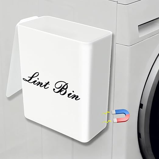 Artilife Magnetic Plastic Lint Bin with Lid for Laundry Room, 6 X 5 Inch Compact Wall Mount Lint Holder for Dryer, Small White ABS Trash Can for Dryer Lint and Sheets