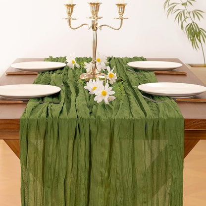 Socomi 3pcs Olive Green Valentine's Day Cheesecloth Table Runner Boho Rustic Gauze 120 inch 10FT Cheese Cloth Runner for Wedding Party Baby Shower Birthday Home Decor Holiday Decorations