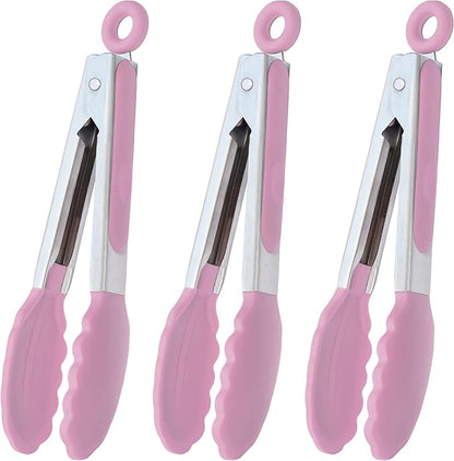 HINMAY Small Serving Tongs with Silicone Tips 7-Inch Mini Tongs, Set of 3 (Pink)