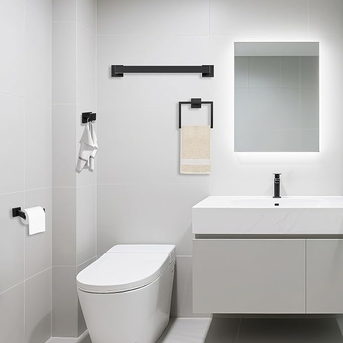 JOPOFI 5 Piece Bathroom Towel Bar Set - Thicken Stainless Steel Bath Towel Holder, 15.7 Inch Towel Racks for Bathroom Wall Mounted, Bathroom Hardware Accessories Set - Matte Black
