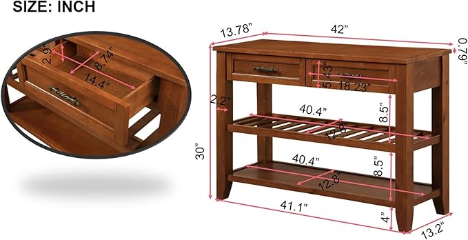 LKTART Solid Wood Console Table Entryway Table with Storage Drawers and Shelves Sofa Tables (42" Brown)