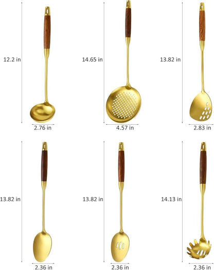 18/10 Stainless Steel Kitchen Utensils Set with Wood Handle Metal Cooking Utensils Set, 6-Piece - Spatula, Spoon, Ladle, Skimmer, Slotted Spoon, Pasta