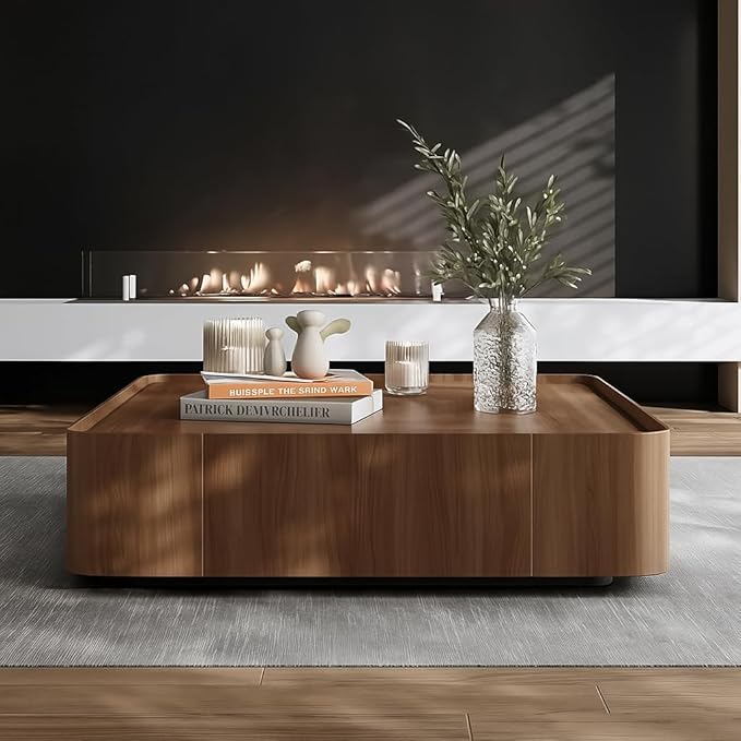 Luxury Wood Coffee Table with Hidden Drawer, Easy Installation Square Center Table for Living Room, Raised Edge Design, Premium Walnut Finish (35.43" Square Coffee Table)