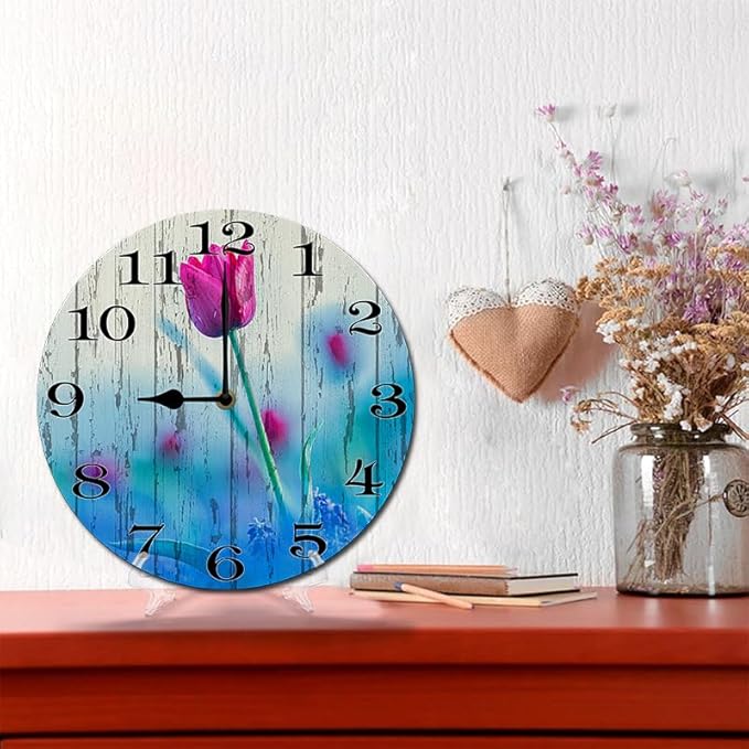 Purple Tulip Wall Clock 10 Inch Silent Non Ticking Battery Operated Wooden Modern Office Simple Minimalist Clock Decorative for Kitchen Home Bathroom Living Room